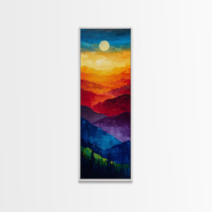 Colorful Mountains Under Moonlight - Framed Canvas Print, Skinny Tall Art, Wall Art for Living Room, Bedroom Decor, Landscape Painting, Panoramic Art