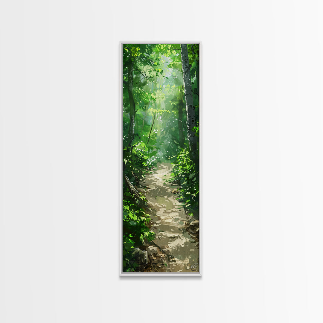 Lush Forest Pathway Art - Framed Canvas Print, Farmhouse Art, Boho Art, Skinny Art, Tall Art, Living Room Decor, Nature Wall Art for Home Decor