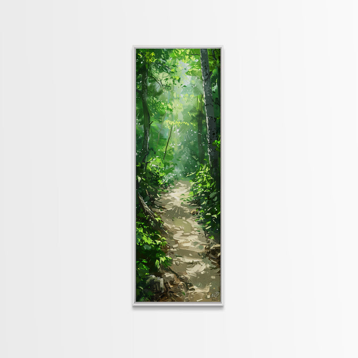 Lush Forest Pathway Art - Framed Canvas Print, Farmhouse Art, Boho Art, Skinny Art, Tall Art, Living Room Decor, Nature Wall Art for Home Decor