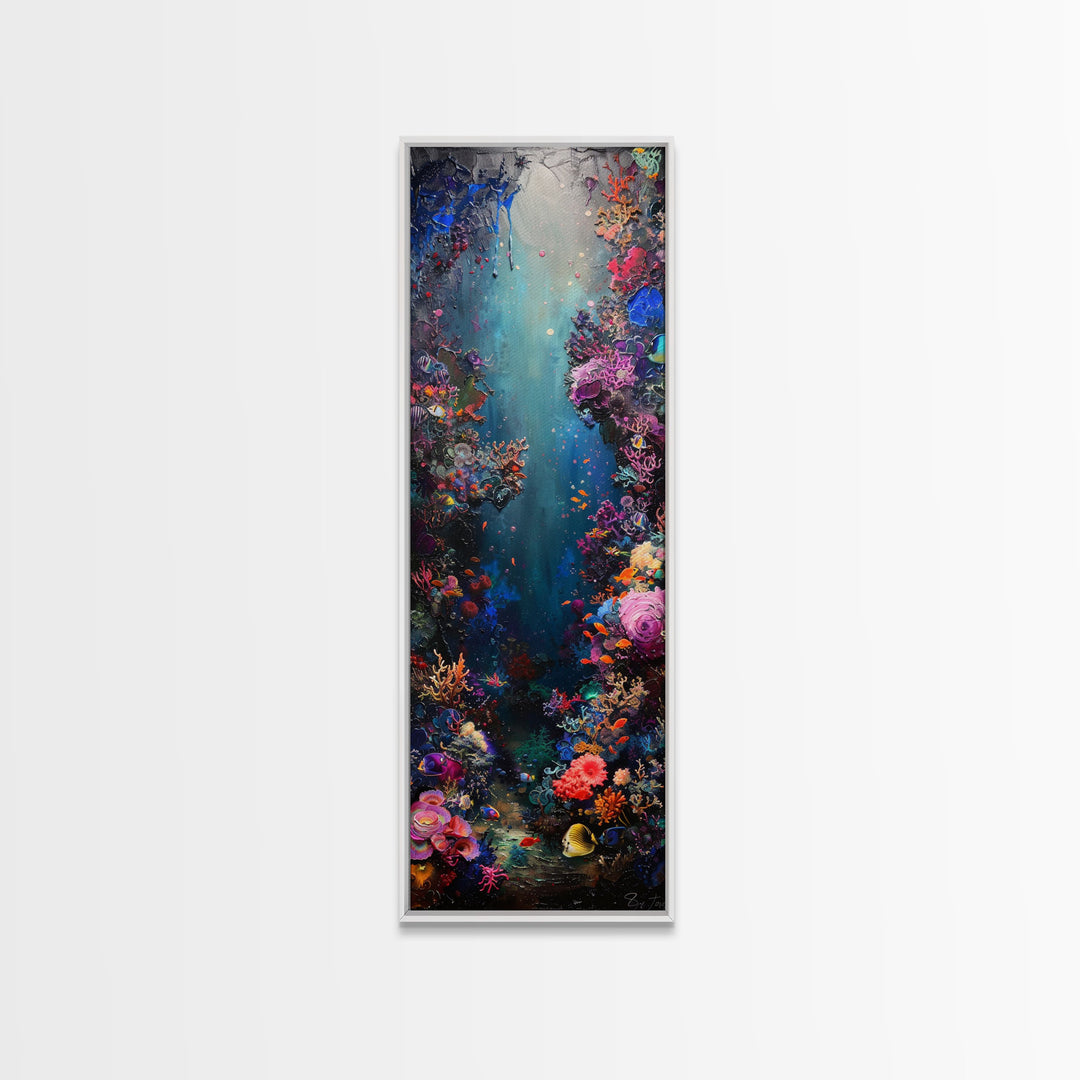Deep Sea Adventure with Colorful Coral Reefs, Skinny and Tall Art, Stunning Framed Canvas Print, Underwater Landscape Wall Art