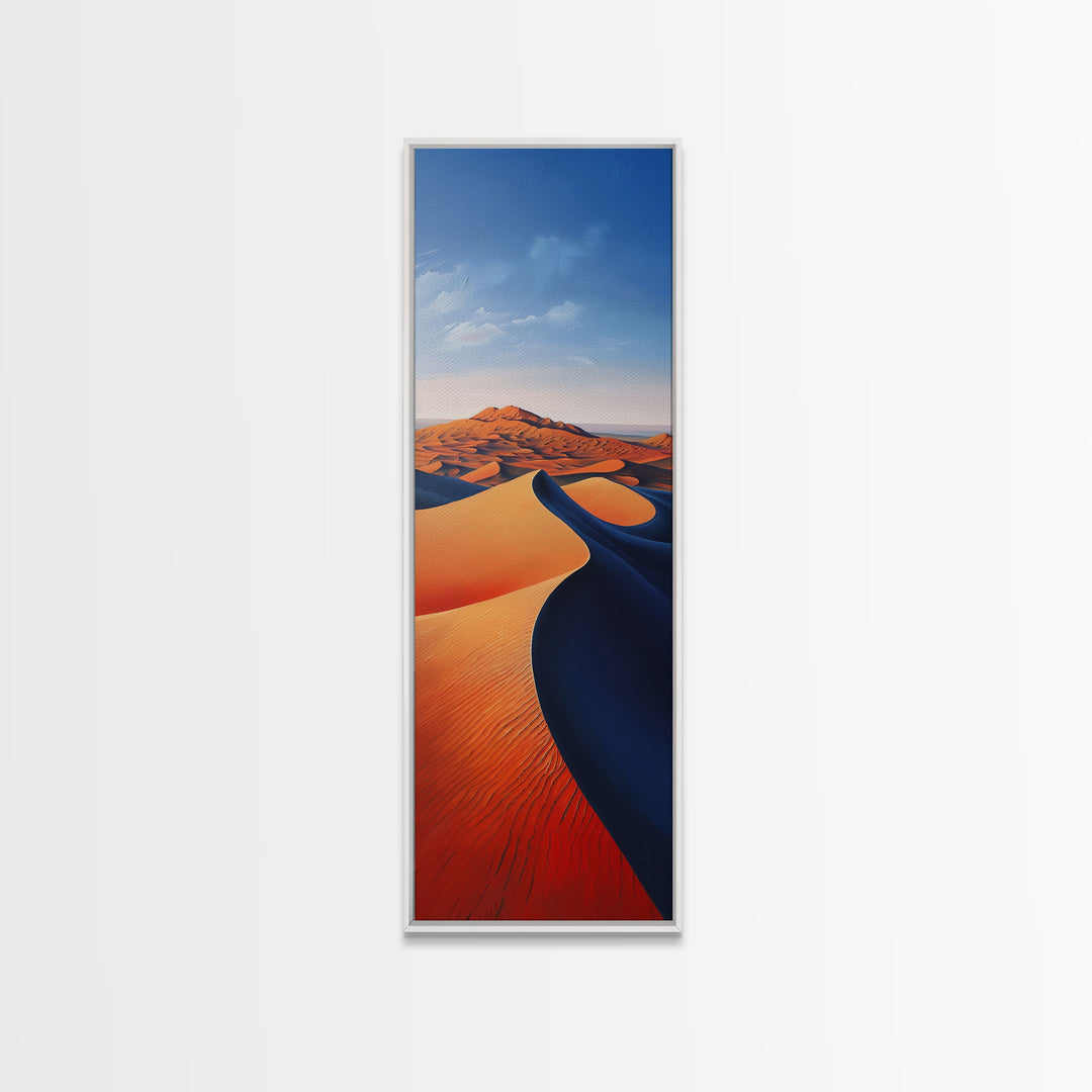 Serene Desert Dunes Under a Clear Sky, Skinny and Tall Art, Minimalist Framed Canvas Print, Modern Wall Decor