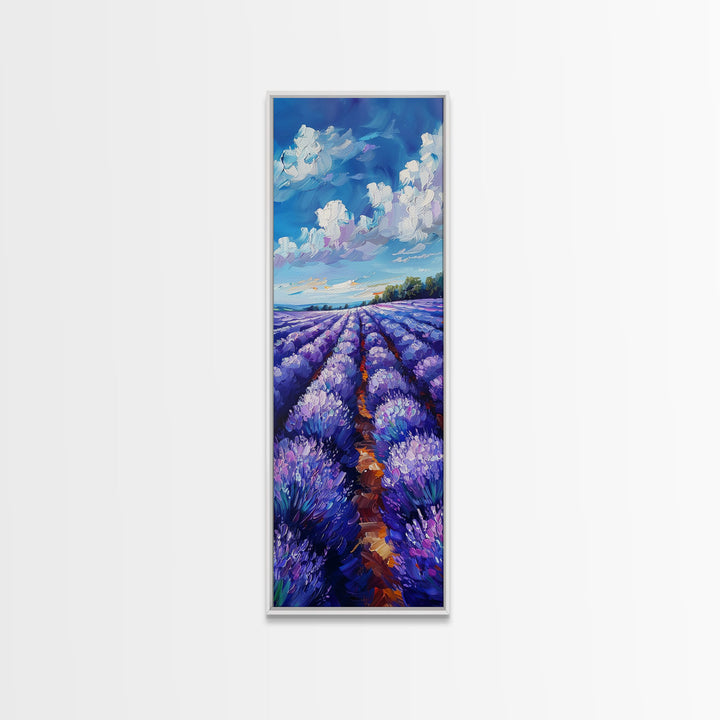 Expansive Lavender Fields Under a Bright Sky, Skinny and Tall Art, Bold Framed Canvas Print, Landscape Wall Art
