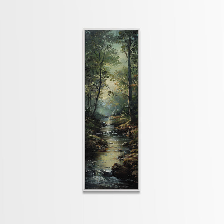Peaceful Forest Stream in the Early Morning Light, Skinny and Tall Art, Framed Canvas Print, Cozy Wall Art Decor