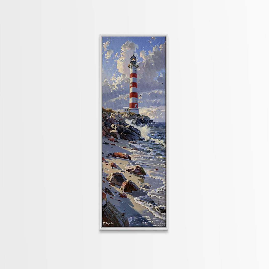 Framed Canvas Print Skinny Art of a Majestic Lighthouse Standing Tall Against a Bright Blue Sky with Waves Crashing on Rocky Shores, Perfect Tall Art