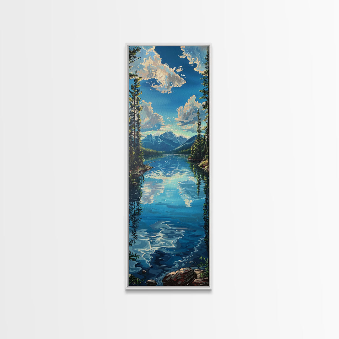 Framed Canvas Print Skinny Art of a Clear Lake Surrounded by Pine Trees with Majestic Mountains in the Distance Under a Blue Sky, Ideal Tall Landscape Art