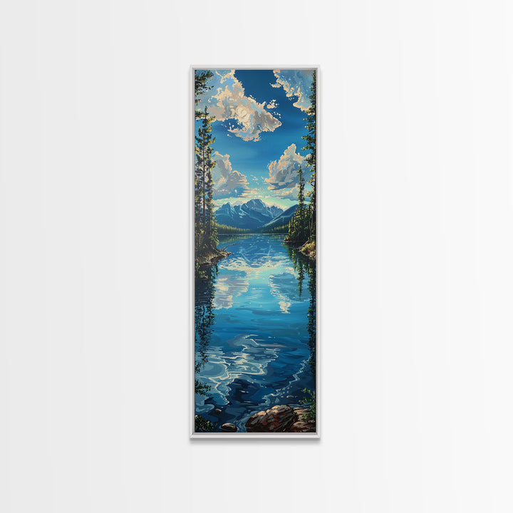 Framed Canvas Print Skinny Art of a Clear Lake Surrounded by Pine Trees with Majestic Mountains in the Distance Under a Blue Sky, Ideal Tall Landscape Art