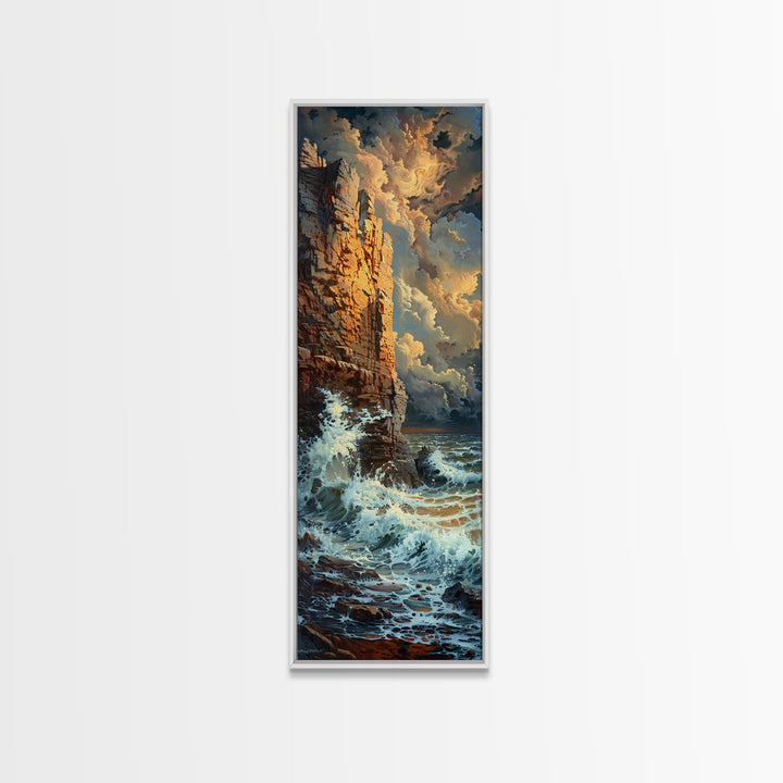 Majestic Cliffside and Crashing Waves in a Coastal Landscape on a Framed Canvas Print Tall Art Piece