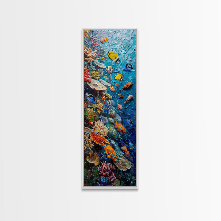 Vibrant Coral Reef Underwater Scene Featuring Diverse Tropical Fish on a Framed Canvas Print Skinny Art Piece