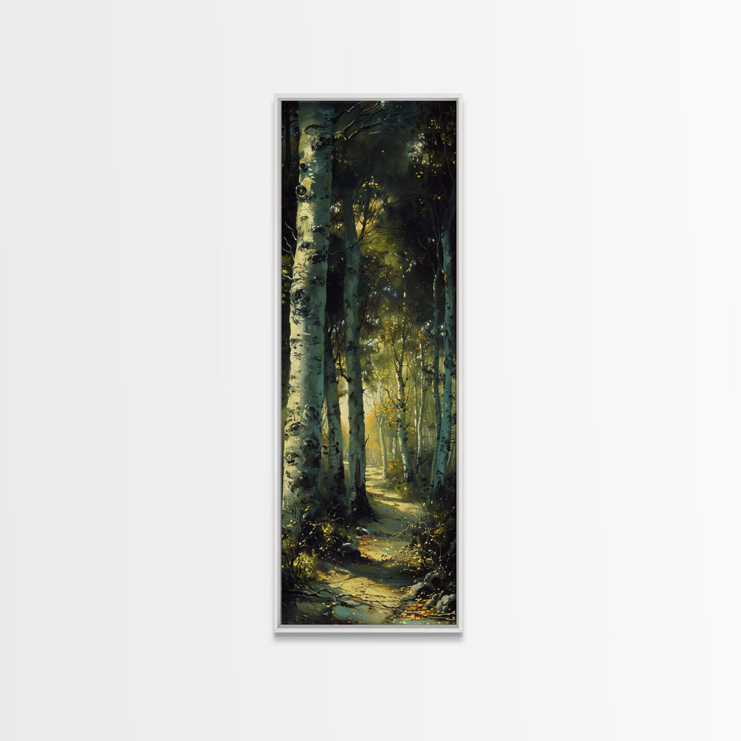 Serene Birch Tree Pathway in Tall Skinny Art Framed Canvas Print Perfect for Tranquil Wall Decor in Bedrooms or Study Rooms