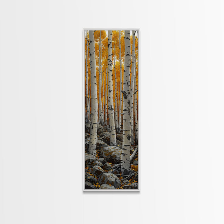 Birch Tree Forest, Framed Canvas Print, Skinny / Tall Wall Art, Living Room Decor, Landscape Painting, Nature Decor