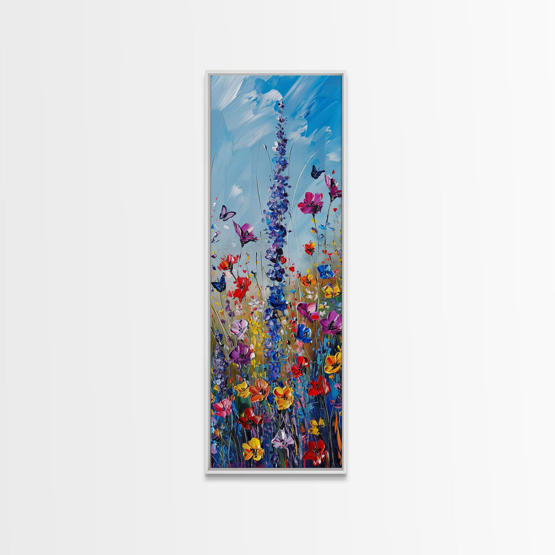 Butterflies and Wildflowers, Framed Canvas print, Wood Framed Art, Living Room Decor, Skinny Art, Boho Style Minimalist Wall Art