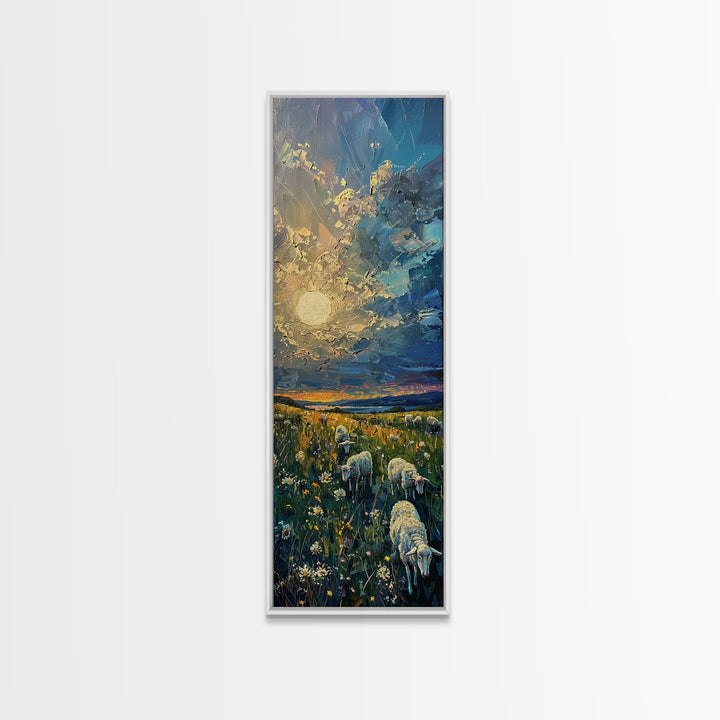 Lambs At Sunset Farmhouse Decor, Framed Canvas Print, Unique Wall Art, Skinny Art, Tall Wall Art, Art For Small Spaces