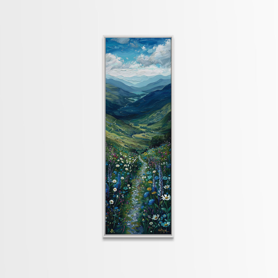 Secret Path Through The Wild Flowers, Framed Canvas Print, Unique Wall Art, Minimalist Landscape Painting, Wood Frame Art, Sofa Decor, Springtime Art