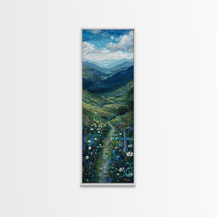 Secret Path Through The Wild Flowers, Framed Canvas Print, Unique Wall Art, Minimalist Landscape Painting, Wood Frame Art, Sofa Decor, Springtime Art