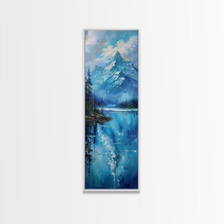 Mountain Reflections In The Lake Framed Canvas Print, Boho Style Oil Painting Print, Minimalist Decor, Unique Gift Idea, Skinny Art For Small Spaces