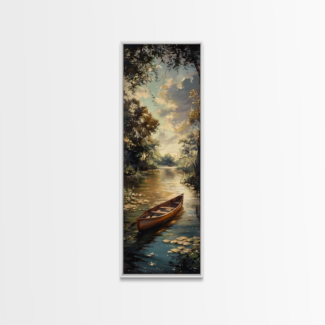 Antique Canoe Framed Canvas Print, lake House Decor, Lake Life Wall Art, Tall Wall Art For Small Spaces