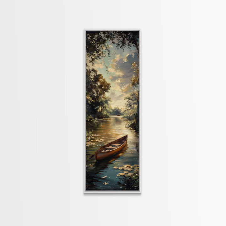 Antique Canoe Framed Canvas Print, lake House Decor, Lake Life Wall Art, Tall Wall Art For Small Spaces