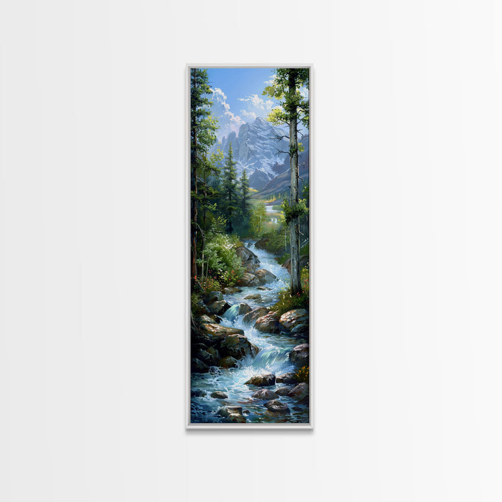 Majestic Mountain Stream In A Serene Forest Landscape, Farmhouse And Minimalist Art Style, Boho Wall Art In Tall Canvas Print