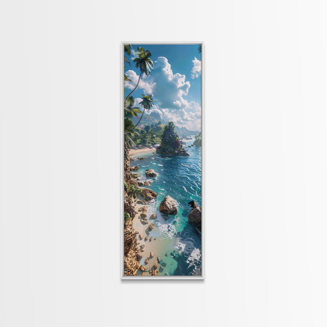 Idyllic Island Shoreline With Crystal Waters, Farmhouse Art For Modern Homes, Boho And Minimalist Wall Art In Tall Canvas Print