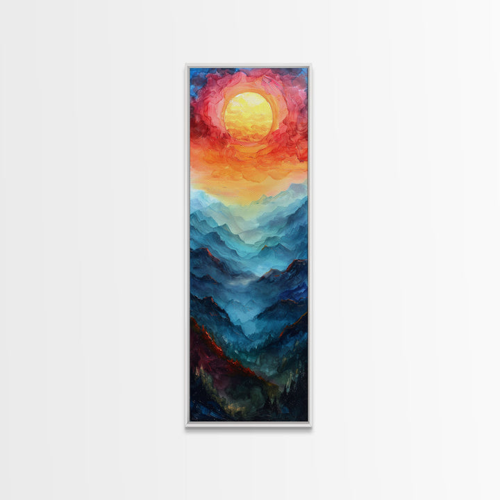 Majestic Sunrise Over Mountain Range Boho Sunset Landscape Framed Canvas Print Tall Art Japanese Style Art