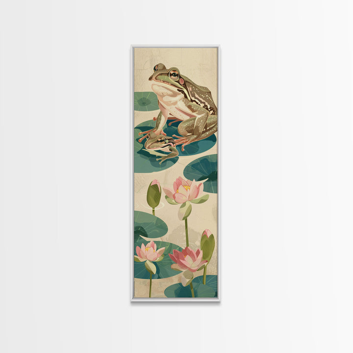 Frogs On Lily Pads Canvas In Japanese Ukiyo-e Style, Traditional Woodblock Print, Framed Canvas Print, Tall Skinny Japanese Wall Art, Ready To Hang