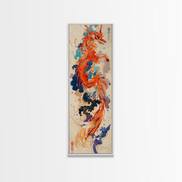 Majestic Red Dragon Soars Skinny Art Tall Art Japanese Ukiyo-e Inspired Mythical Creature Framed Canvas Print