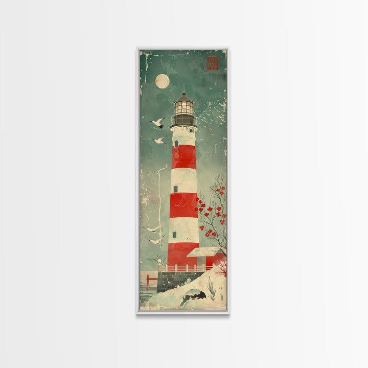 Japanese Woodblock Print Of A Traditional Lighthouse Surrounded By Seagulls Framed Canvas Print Ready To Hang For Wall Art Decor