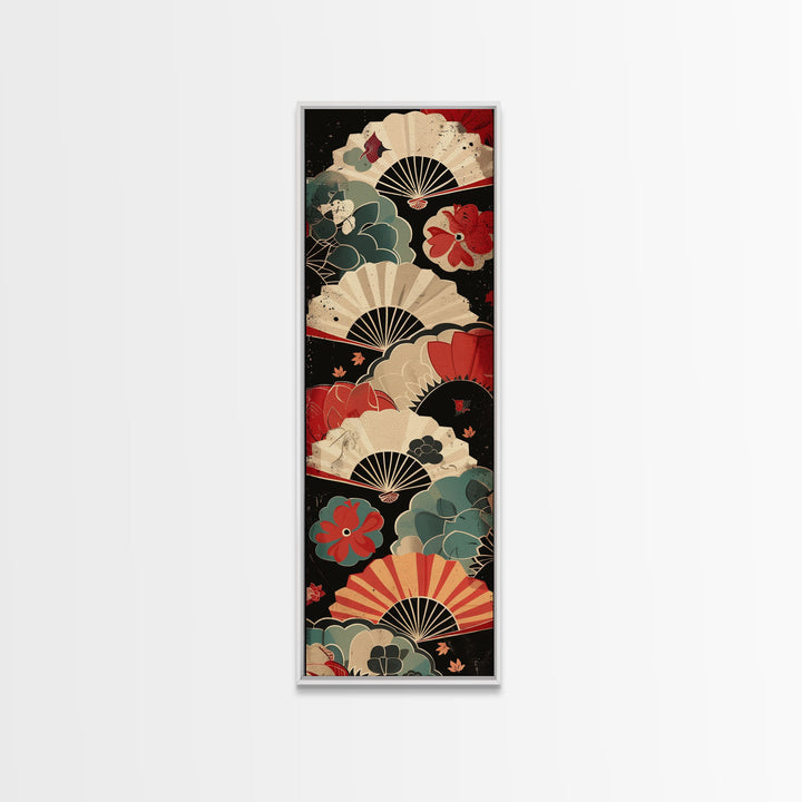 Japanese-Inspired Fan Art in Bold Red and Cream Accents on Tall Vertical Canvas Print Featuring Elegant Floral Design