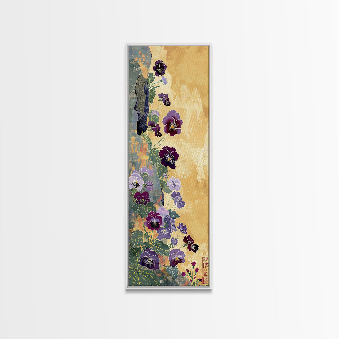 Deep Purple Pansy Flowers Against Textured Gold Background on Tall Vertical Canvas Print for Rich Floral Wall Decor
