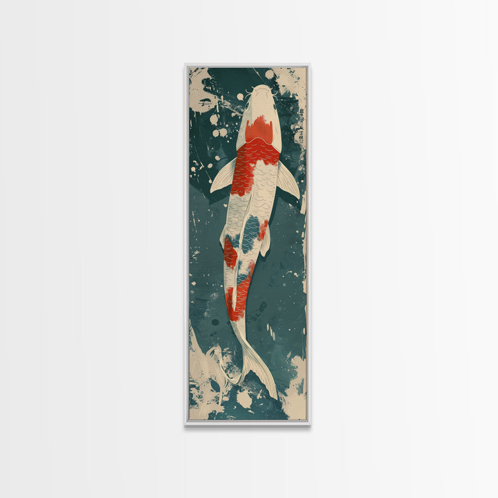 Serene Koi Fish Swimming in Deep Blue Water with Red Accents on Tall Vertical Japanese-Inspired Canvas Print
