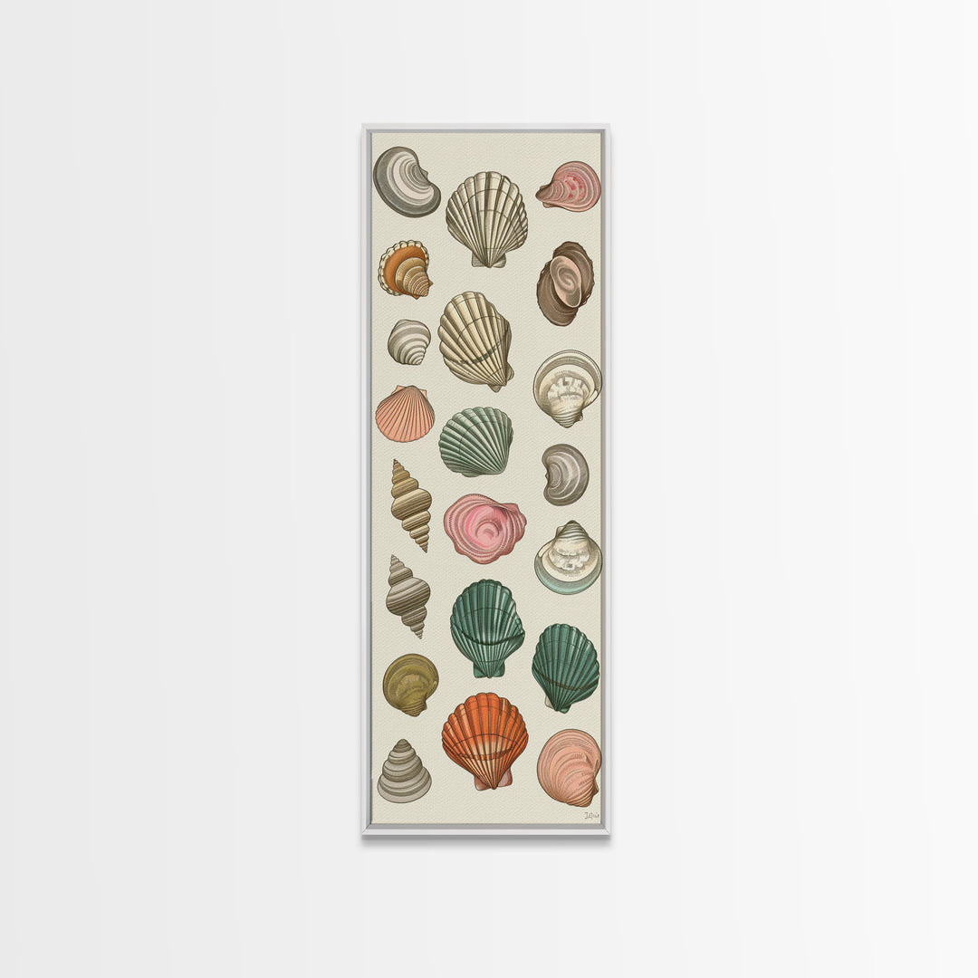 Elegant Sea Shell Collection in Vintage Style on Tall Vertical Canvas Print Perfect for Coastal-Themed Wall Decor