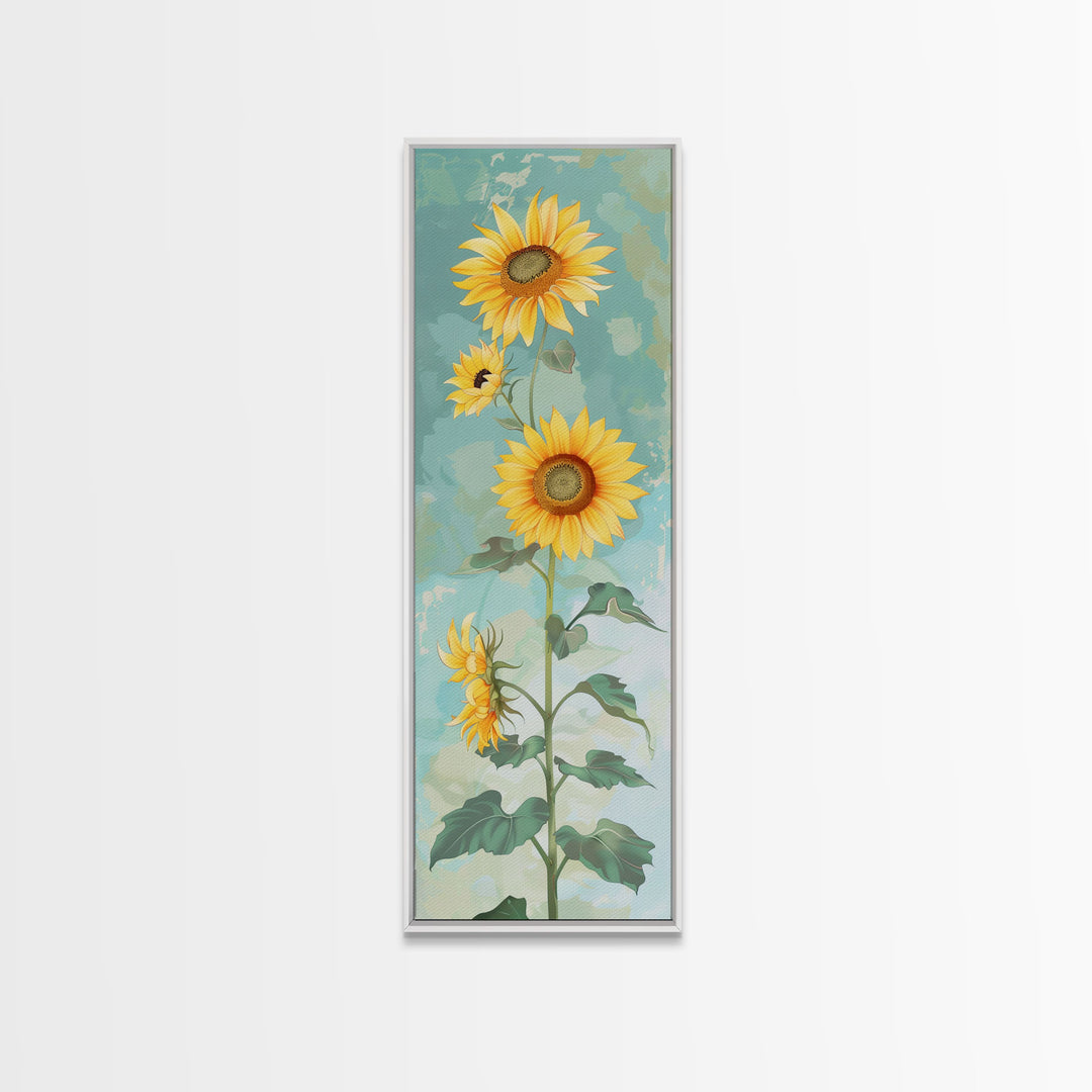 Japanese Skinny Art of Sunflowers with Golden Petals and Verdant Stems on a Pastel Blue Background – Framed Canvas Print
