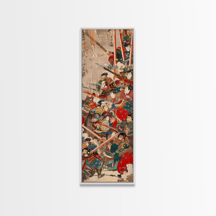 Samurai Warriors in Battle – Traditional Japanese Skinny Art with Historic Details – Framed Canvas Print