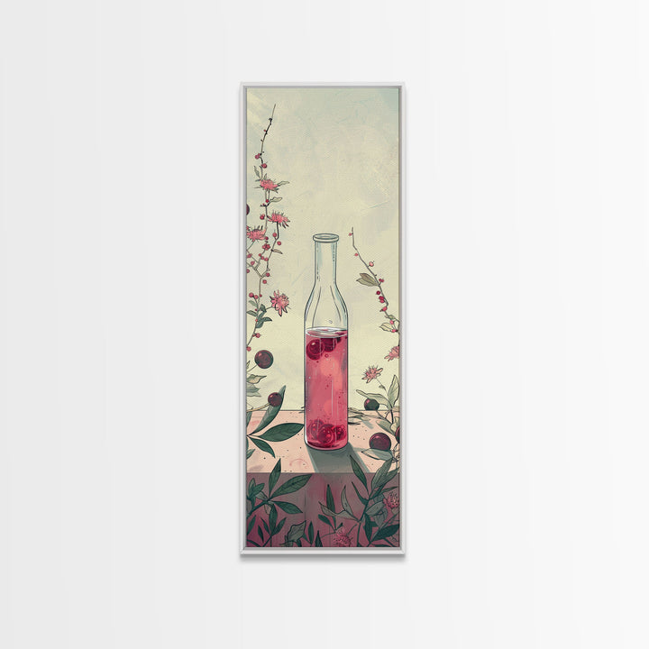 Skinny Art of Still Life with Elegant Glass Bottle and Floral Accents – Japanese-Inspired Framed Canvas Print