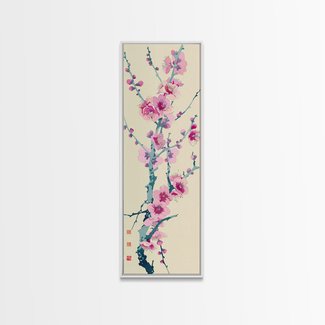 Plum Blossom Branch in Japanese Skinny Art with Delicate Pink Flowers – Framed Canvas Print