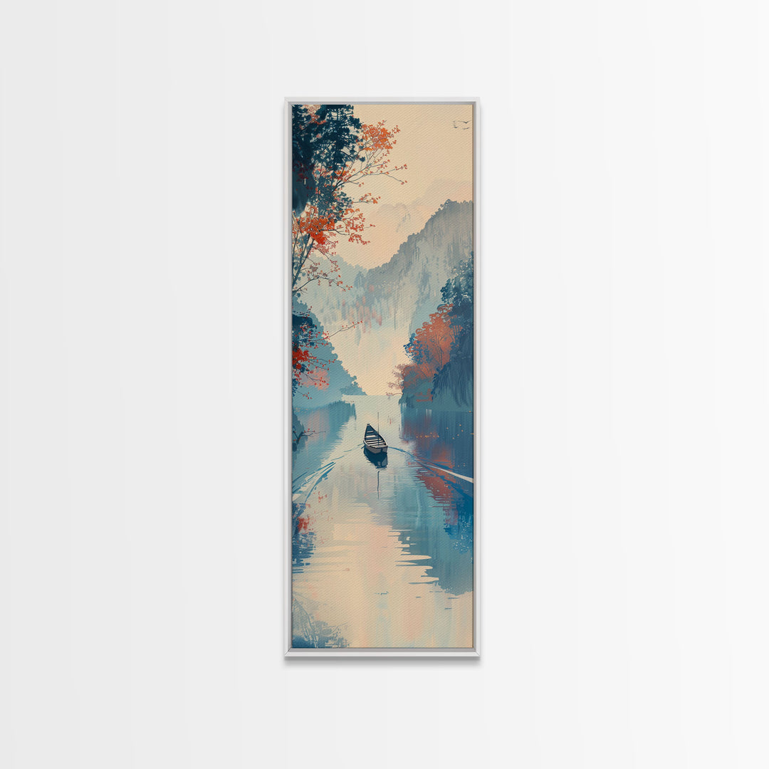 Serene Japanese Landscape Framed Canvas Print Featuring A Calm River Scene With Boat And Misty Mountains, Traditional Wall Art, Ready To Hang