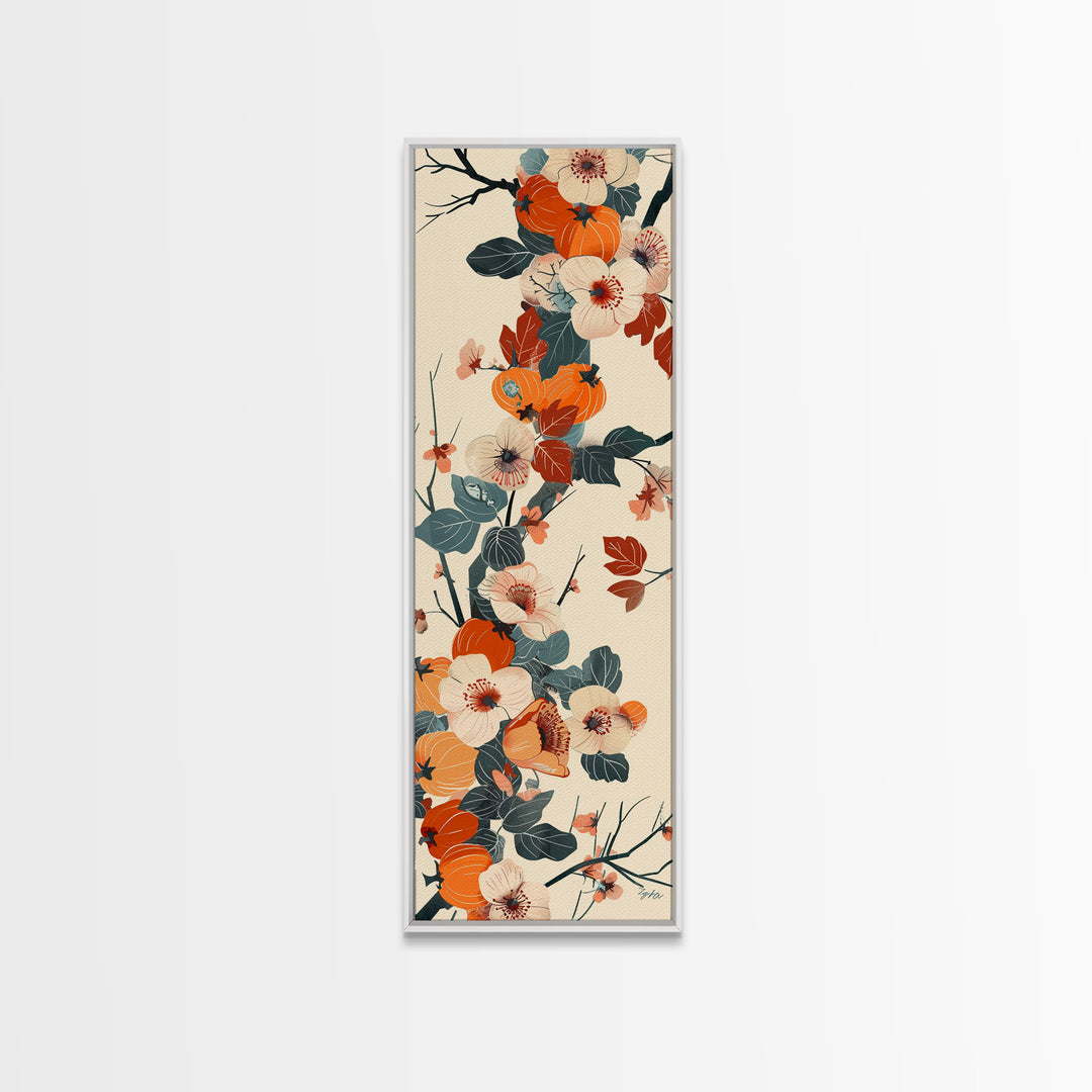 Skinny Art of Persimmon Branch with Delicate White Flowers – Japanese-Inspired Framed Canvas Print