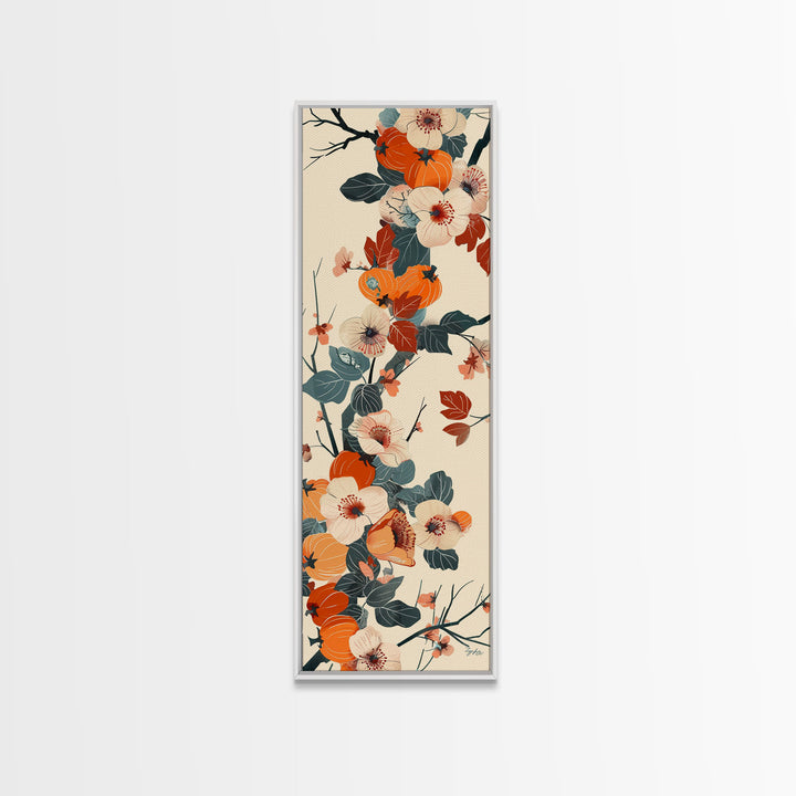 Skinny Art of Persimmon Branch with Delicate White Flowers – Japanese-Inspired Framed Canvas Print