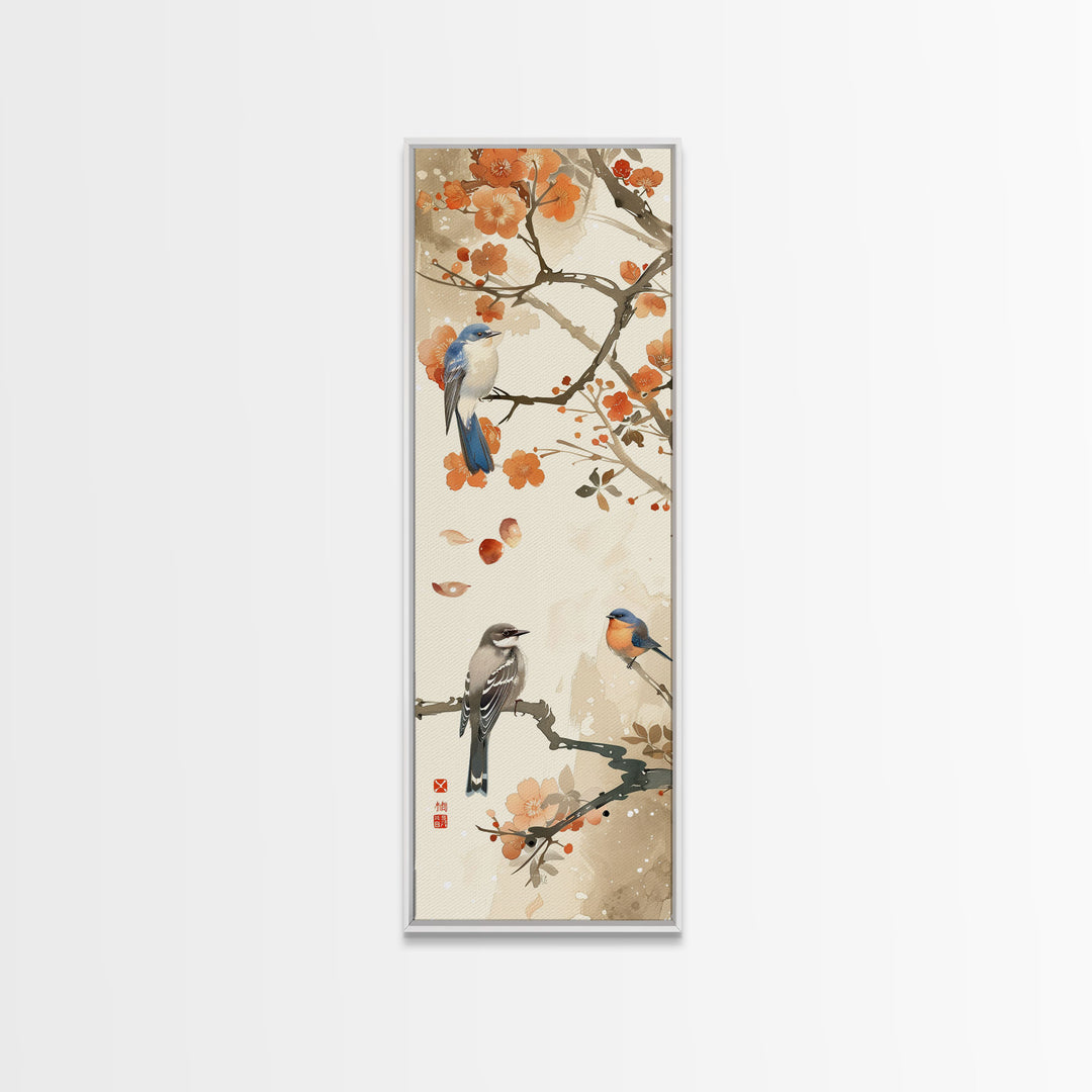 Japanese Art Inspired by Tranquil Birds and Blossoms, Framed Canvas Print for Tall Skinny Art Lovers in Ukiyo-e Style