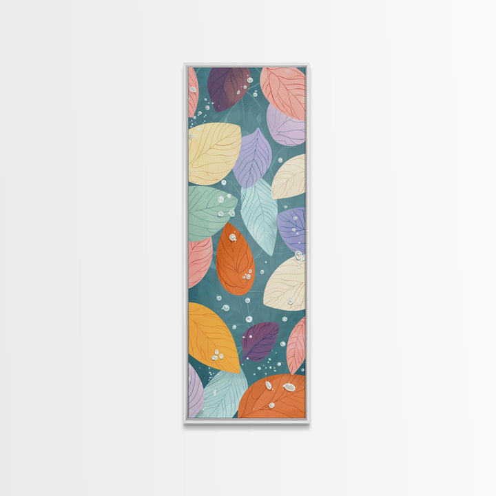 Floating Leaves in Soft Pastel Colors, Skinny Tall Art with Japanese Influence, Framed Canvas Print in Ukiyo-e Style