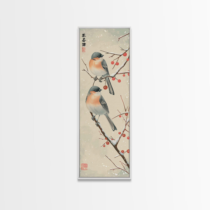 Pair of Birds on Snowy Branches, Japanese Art Framed Canvas Print, Tall and Skinny Wall Art in Ukiyo-e Style