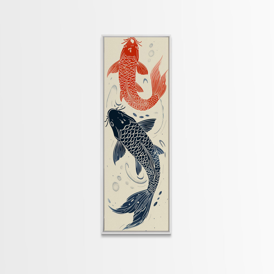 Elegant Koi Fish in Minimalist Japanese Art Style, Tall and Skinny Framed Canvas Print for Ukiyo-e Art Lovers