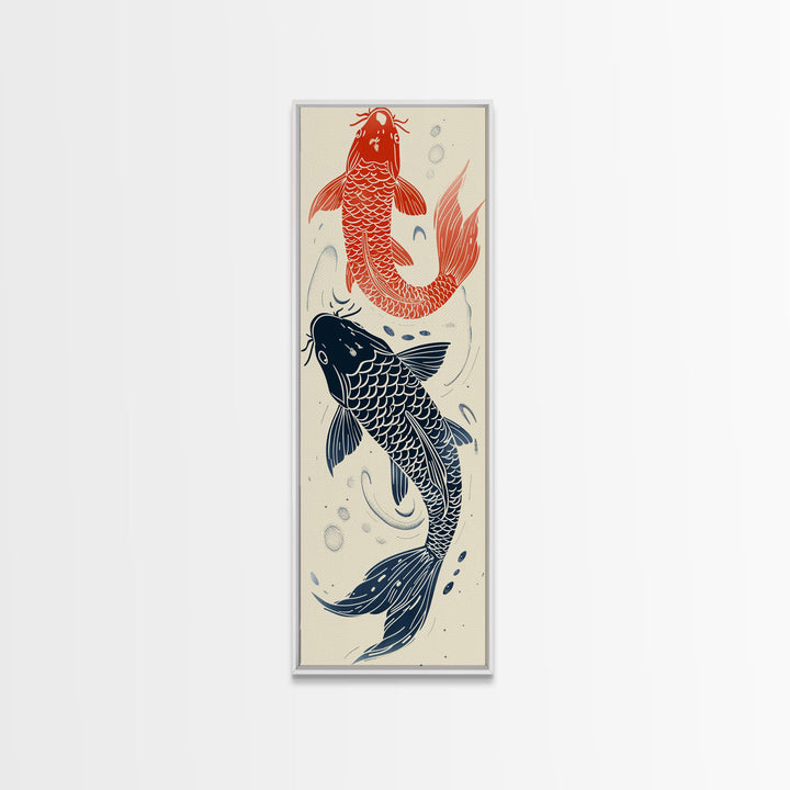 Elegant Koi Fish in Minimalist Japanese Art Style, Tall and Skinny Framed Canvas Print for Ukiyo-e Art Lovers