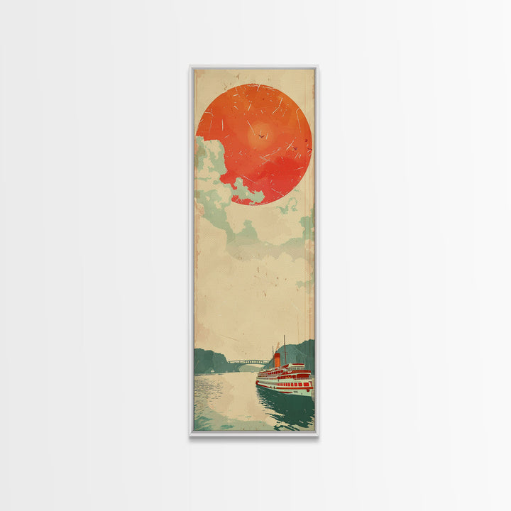 Large Red Sun Over River, Japanese Art Inspired by Ukiyo-e, Framed Canvas Print for Tall Skinny Wall Spaces