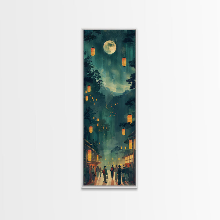 Framed Canvas Print Of A Nighttime Japanese Festival Scene With Lanterns And Pine Trees, Traditional Wall Art Ready To Hang