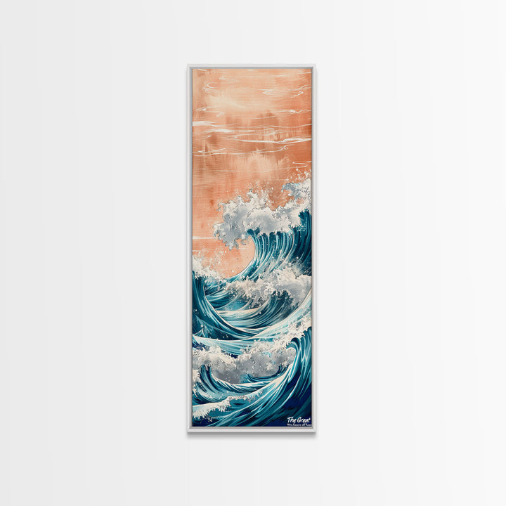 Majestic Wave, Peach Sky, Japanese Art, Skinny Art, Tall Art, Framed Canvas Print, Ukiyo-e Style