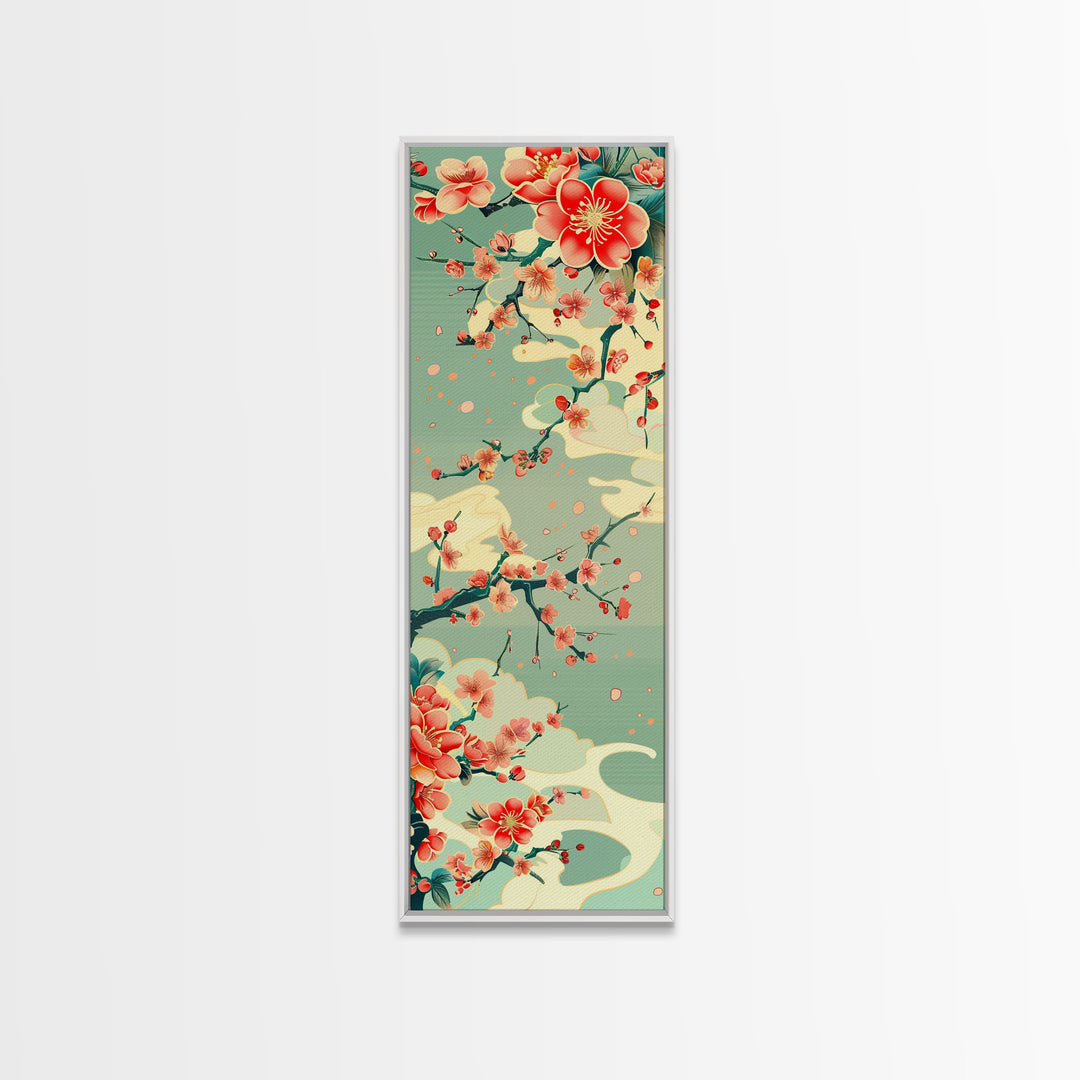 Plum Blossoms, Turquoise Sky, Japanese Art, Skinny Art, Tall Art, Framed Canvas Print, Ukiyo-e Style