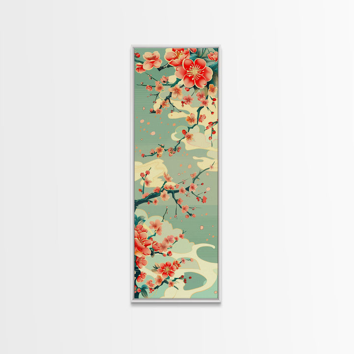 Plum Blossoms, Turquoise Sky, Japanese Art, Skinny Art, Tall Art, Framed Canvas Print, Ukiyo-e Style
