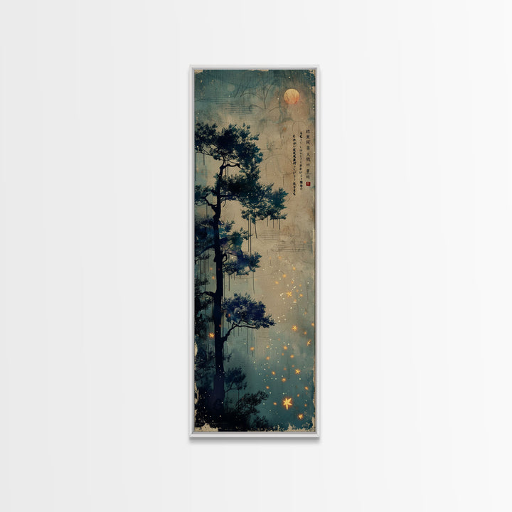 Pine Tree, Moonlit Sky, Japanese Art, Skinny Art, Tall Art, Framed Canvas Print, Ukiyo-e Style