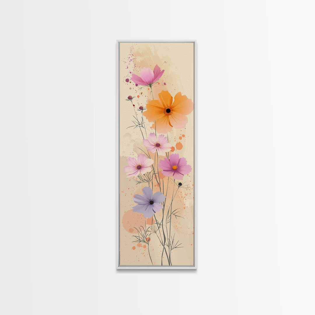 Delicate Flowers in Soft Pastel Colors Skinny Art Ukiyo-e Style Tall Framed Canvas Print for Home Décor